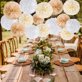 SUNBEAUTY Party Decoration Pompoms – Pack of 15 Beige Brown White Tissue Paper Pompoms for Wedding, Table Decoration Birthday, Baby Shower Decoration, Prom, Festival, Christmas, Carnival