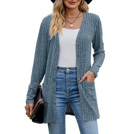 MYCOLORBLUE Old Times Cardigans for Women Elegant Ribbed Cardigan Long Sleeve Button Placket with Pockets Knitted Cardigan, blue
