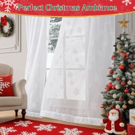 Beauoop - Juego de 2 cortinas transparentes de copo de nieve de Navidad, 52 x 54 pulgadas