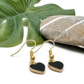 Black Heart Charm Earrings, Black Enamel Charm Beads on Nickel Free Gold Tone Hooks : 29mm long, Valentine's Day Gift for Women, Heart Shaped Drop Earrings