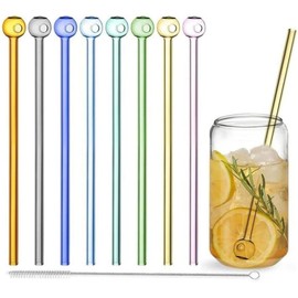 Shatter-Resistant Glass Straw Pipes, Durable Reusable Glass Straws 8 Pack with 1 Cleaning Brushes for Beverages, Herbal Use, Smoothies, Aromatherapy