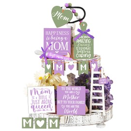 Sumind 15 Pcs Mother's Day Tiered Tray Decor Happy Mother's Day Lavender Wood Signs Farmhouse Decorations Wooden Heart Bead Garland for Mothers Gift Tabletop, Purple, Green