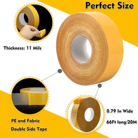 Qoqooice Double Sided Fabric Tape Heavy Duty Mounting Tape 0.79" x 66FT Resistente Clear Super Stick Tape with Fiberglass Mesh High Tack Strong Adhesive for Clothes Carpet Arts