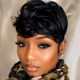 MOONSHOW - Pelucas cortas de cabello humano para mujeres negras, corte estilo pixie, pelucas de pelo humano rizado color negro, con flequillo, pelucas