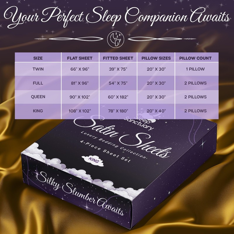 SLEEP SANCTUARY Satin Sheets Full Size – 4 Piece Luxury