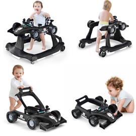 HONEY JOY 4-in-1 Baby Walker, Activity Push Walker w/3 Adjustable Heights, Smooth Wheels w/Adjustable Speed, Padded Seat, Music & Light, Foldable Car Walker for Baby Boys Girls Age 6 Months+ (Black)