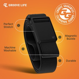 Groove Life Groove Belt Ultra Black/Black - Men's Stretch Nylon Belt with Magnetic Polymer Buckle, Lightweight, No-Slip Locking Bar, Machine Washable - X-Small (23-27")