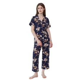Joyaria Cooling Pajamas for Women Cropped Button Up Sleepwear Comfy/Comfortable Pj Set (Lilies Navy, Small)