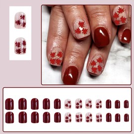 Mkwntg Fall Press on Nails Short Square Fake Nails Red Maple Leaf Acrylic Nails Glossy Red Glitter Full Cover False Nail Thanksgiving Autumn Maple Leaves Stick on Nail for Women Manicure 24Pcs