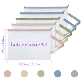 Valtiner 5Pcs A4 Mesh Zipper Pouch Bags with Handle, 13x9 Inches 5 Colors Clear Waterproof Plastic Storage Bag, Reusable Organizing Pouches for Toy File Board Game (Single Layer)