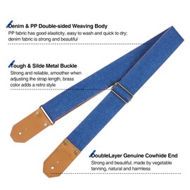 LEKATO Guitar Strap with Cowhide Leather Ends Western Denim Straps for Acoustic Electric Bass Guitar Includes 6 Picks & Strap Locks & Headstock Tie Gift for Men Women Guitarist and Musician Deep Blue