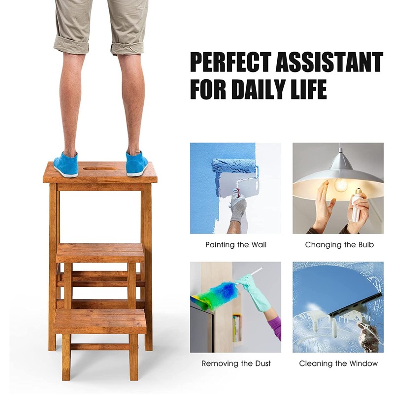 GLACER 3-Tier Folding Step Stool, Portable Wood Step Ladder for
