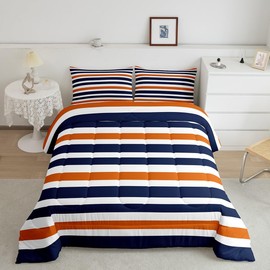 Stripe Art Comforter Set for Teens Blue and Orange Bedding Set Modern Simple Bedding Home Decor for Kids Comforter Twin Size 2 Pcs Stripes Quilted Duvet Set 1 Comforter with 1 Pillowcase