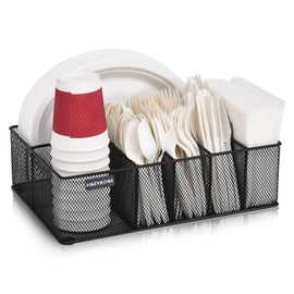 VIKEYHOME Paper Plate Organizer for Countertop, Metal Silverware Caddy with 6 Compartments for Cup, Napkin, Utensil Holder Caddy for Party, Camping, Picnic