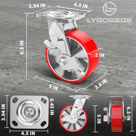 Lygoeege 5 inch Industrial Grade Brake Casters, 2000 Lbs Capacity, Maintenance-Free Extra Heavy Duty Aluminum core Polyurethane Casters, Suitable for DIY Projects, Flat carts and Workbenches