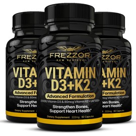 FREZZOR Vitamin D3 and K2 Caps, High Potency D3 2000IU and K2 (MK7) 80mcg, Unique VIT D3 from 100% New Zealand Sheep's Wool Lanolin. 180 Softgels 3 Month Supply