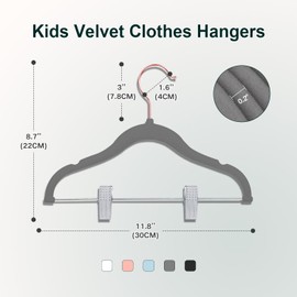 Wellong Baby Hangers with Clips, 14 Packs Kids Velvet Clothes Hangers, Heavy-Duty Childrens Pant Hangers for Shirts, Pants, Skirts, Dresses, Jackets, Coat Gray - Rose Gold Hook