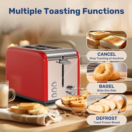 YSSOA Stainless Steel Toaster 2 Slice with Extra Wide Slot & Removable Crumb Tray, 6 Shade Settings and Bagel/Defrost/Cancel Functions, Compact Oven, for Various Bread & Waffle, Red New
