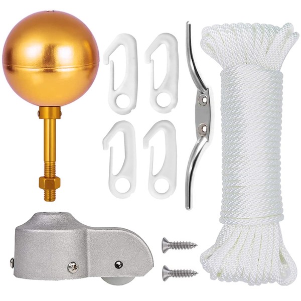 Sunocity Flag Pole Parts Repair Kit: 3" Gold Ball Topper Ornament + 50 FT Halyard Rope + 6" Cleat Hook + 4 PCS Swivel Snap Hooks + Flagpole Pulley Truck for 2" OD Tube