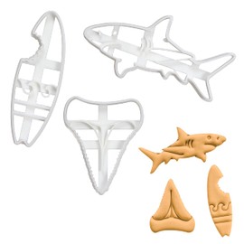 BAKERLOGY Set of 3 Shark Attack Theme Cookie Cutters (Designs: Great White Shark, Shark Tooth and Bitten Surfboard)