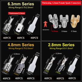 Satisby Spade Connectors,360PCS 2.8mm 4.8mm 6.3mm Male and Female Wire Terminals,Thick 6.3mm Female Spade Connectors,Brass Tin Plating with Insulating Sleeves