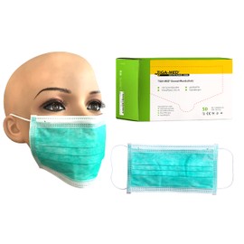 Disposable Surgical Gum Protection Mask, Surgical Mouth Guard, Medical Face Masks, Face Mask, 99.5% Filter-effect. Green Original Tiga-Med Quality with Elastic Bands, 3-Layer, Pack of 50