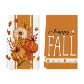 Artoid Mode Stripes Pumpkin Happy Fall Kitchen Towels Dish Towels, 18x26 Inch Farmhouse Maple Leaves Decoration Hand Towels Set of 2