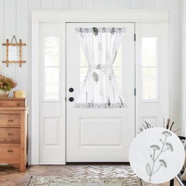 jinchan French Sheer Volie Door Curtain Leaf Embroidered Farmhouse Curtain for Patio Door with Tieback Light Filtering for Window Closet Rod Pocket 40 Inches 1 Panel Green on White