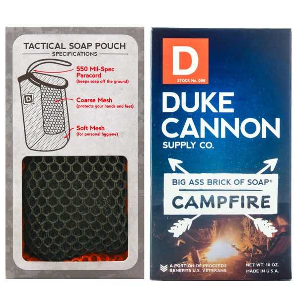 Duke Cannon Soap On A Rope for Men Set: Tactical Scrubber Pouch + Big Brick of Soap - Campfire, 10oz