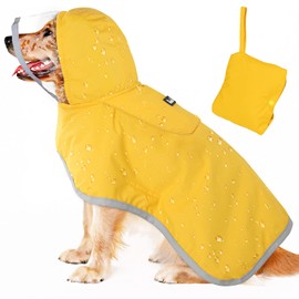 AUTOWT Waterproof Dog Raincoat, Clear Hooded Double Layer Dogs Rain Jacket for Small Medium Large Dogs, Dog Poncho with Reflective Strip Adjustable Velcro Straps and Storage Pocket