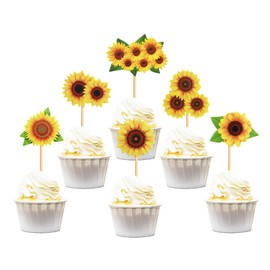Keaziu Paquete de 36 adornos para cupcakes de girasol para fiesta temática de flores, cumpleaños, magdalenas, suministros de decoración para baby shower, fiesta de cumpleaños