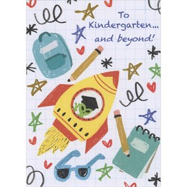 Designer Greetings Alien in Spaceship and Other Drawings on Graph Paper Preschool Graduation Congratulations Card