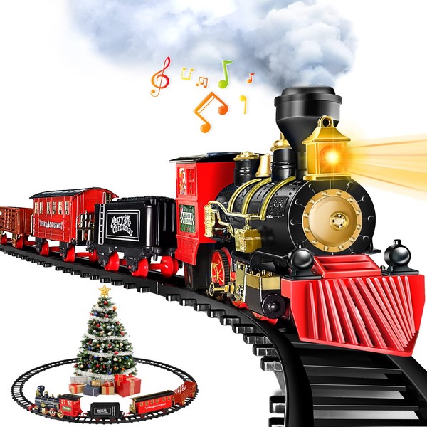 OleFun Train Set, Electric Train with Water Steam, Sounds & Lights, Model Christmas Train Set for Under The Tree, Railway Kit Gifts for 3, 4, 5, 6, 7, 8+ Year Old Boys & Girls