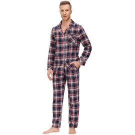 MoFiz Men's 100% Cotton Pajamas Set Long Sleeve Button Pijamas for Men Soft Cozy Sleepwear Pants Lounge Pjs Sets Size XL Plaid 57