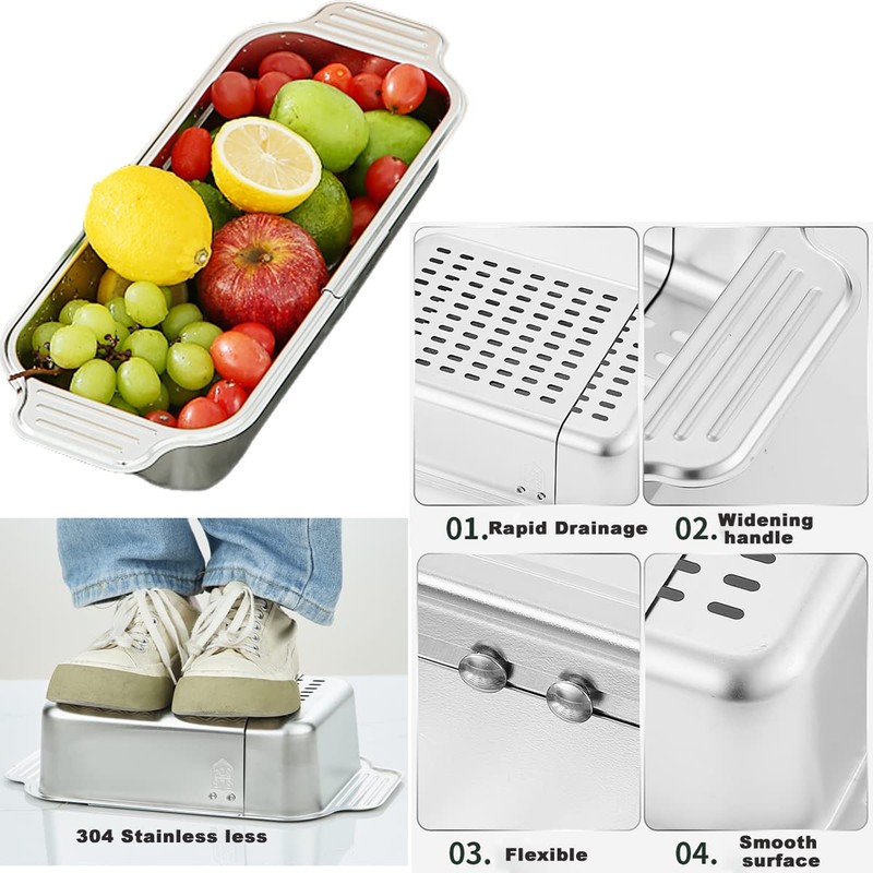 Over The Sink Colander Strainer Basket, 304 Stainless Steel Extendable