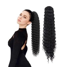 Curly Wavy Frizz Hair Extension with Ponytail, Natural Synthetic Hairpiece, 24 Inches, Daily Long Ponytail Hairpiece, Black