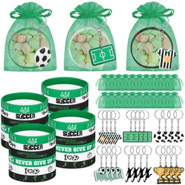 ShinyRelief 72 Pcs Soccer Party Favors Included 24 Motivational Silicone Wristbands 24 Soccer Keychains 24 Organza Bags for for Soccer Birthday Decorations Team Gift