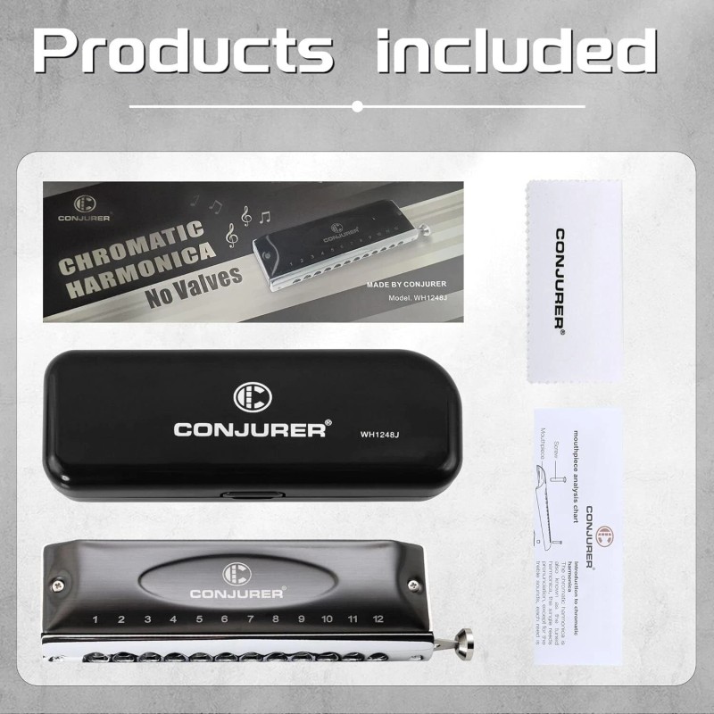 CONJURER Chromatic Harmonica Valveless 12 Hole Stainless Steel Mouth Organ