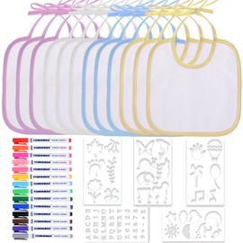 Faburo Pack of 12 Baby Bibs for Painting, 18 x 18 cm Cotton Baby Bibs Double-Sided with 14 Coloured Textile Pens, 5 Pieces Painting Stencils for Baby Shower Party