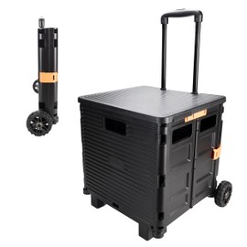 Black Folding Utility Cart with Wheels - Collapsible Rolling Teacher Cart with Lid - 4-Wheeled Lightweight Portable Rolling Crate for Grocery, Office, Luggage, Camping & Tools by IDL Packaging