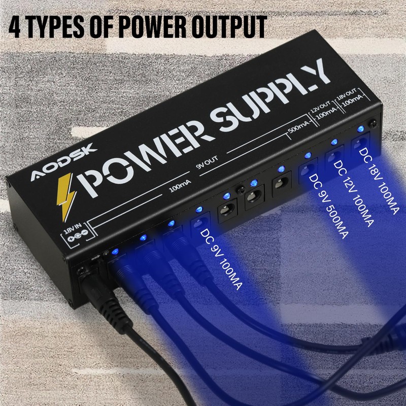 AODSK Guitar Effect Pedal Power Supply,9V/12V/18V DC Output,10 Isolated DC