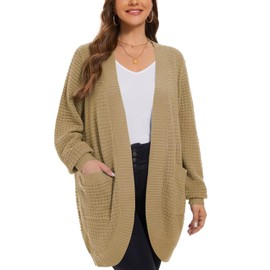 LARACE Long Cardigans for Women Plus Size Tops Open Front Sweaters with Pockets Waffle Ribbed Sleeve Loose Fall Outwear(Khaki 2X)