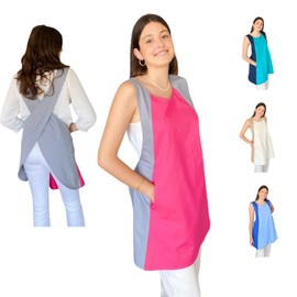 Aprons for women with pockets.Cross Back Apron Dress. Waterproof. Hair Stylist, Server Cleaning Apron. Housekeeping Uniform. (BIB TYPE PINK GREY 50/37)