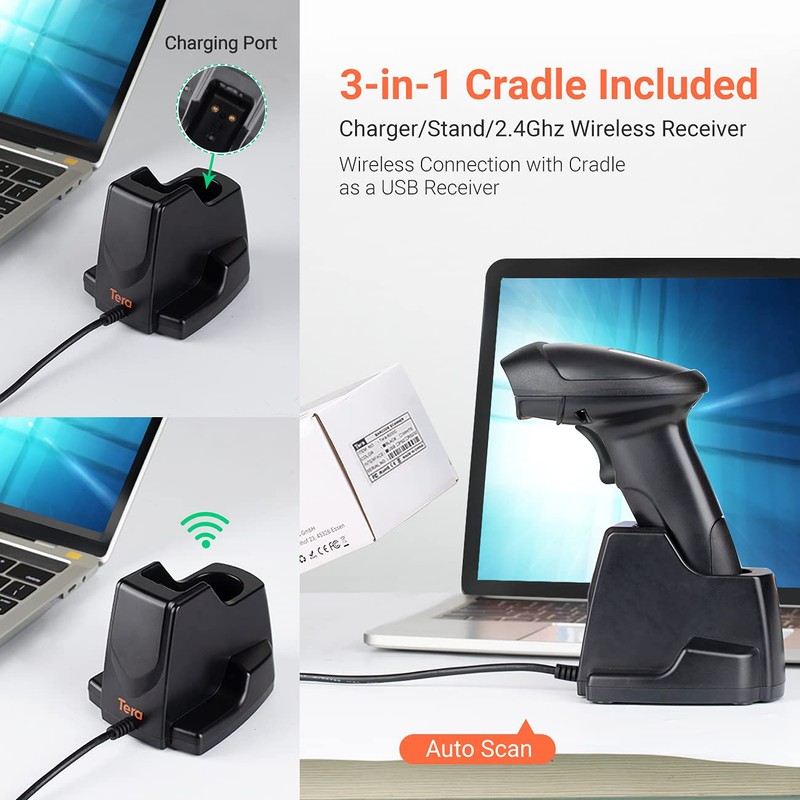 Tera 1D 2D QR Wireless Barcode Scanner with USB Charging