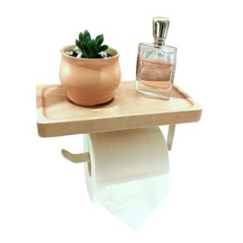 HAOYOUBI Toilet Paper Holder with Wood Shelf Beech Wood Bathroom Accessories RV Toilet Paper Holder Wall Mount Bathroom Paper Roll Holder Bathroom Organizer Nailfree Bathroom Paper Holder