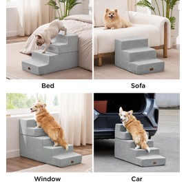Made4Pets Dog Stairs for High Bed, Extra Wide Pet Stairs for Bed Couch Sofa, 35D Foam Pet Steps for Small Dogs and Cats, Non-Slip Bottom Dog Steps, Light Grey, 5 Steps