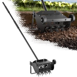 Lineware 9-Inch Lawn Aerator with Steel Handle,Heavy Duty Push Spike Aerator with 2 Wheels,Aerator Lawn Tool, Manual Aerator Lawn Tool with Foam Armrests, Suitable for Lawn, Garden and Yard