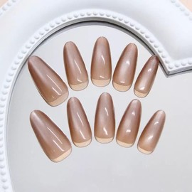 C.Z.Z.T.T.NAILS Press-On Nails, Almond Shape Coffee Cat Eye, 30 Pieces with Jelly Gel Tool Kit, Reusable