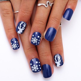 Aceorna Blue Press on Nails Short Square Fake Nails Glossy Snowflake Full Cover Acrylic Nail Reindeer Christmas False Nails for Women 24PCS