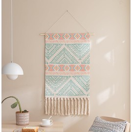 Cotton Wall Tapestry Hanging Decor, 20x34 Large Macrame Woven Boho Chic Bohemian Abstract Geometric Printed Tapestries Decor Gift for Apartment Dorm Kids Livingroom Bedroom Door Entrance Home Office